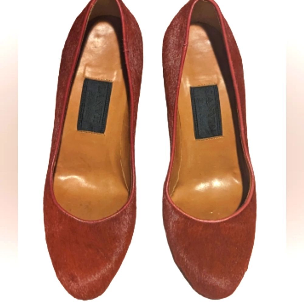 GUC Lanvin vintage red calf hair red leather trim closed toe shiny black heeled